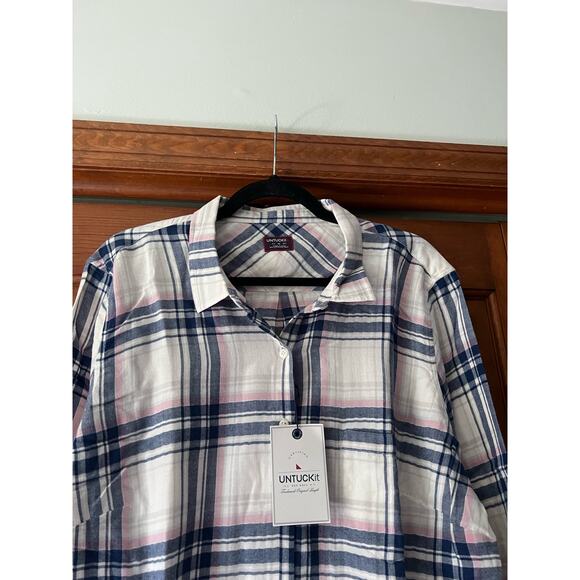 NWT Untuckit Womens De Toren Flannel Plaid Button Up Shirt White Pink Blue SZ 18 - Picture 2 of 13